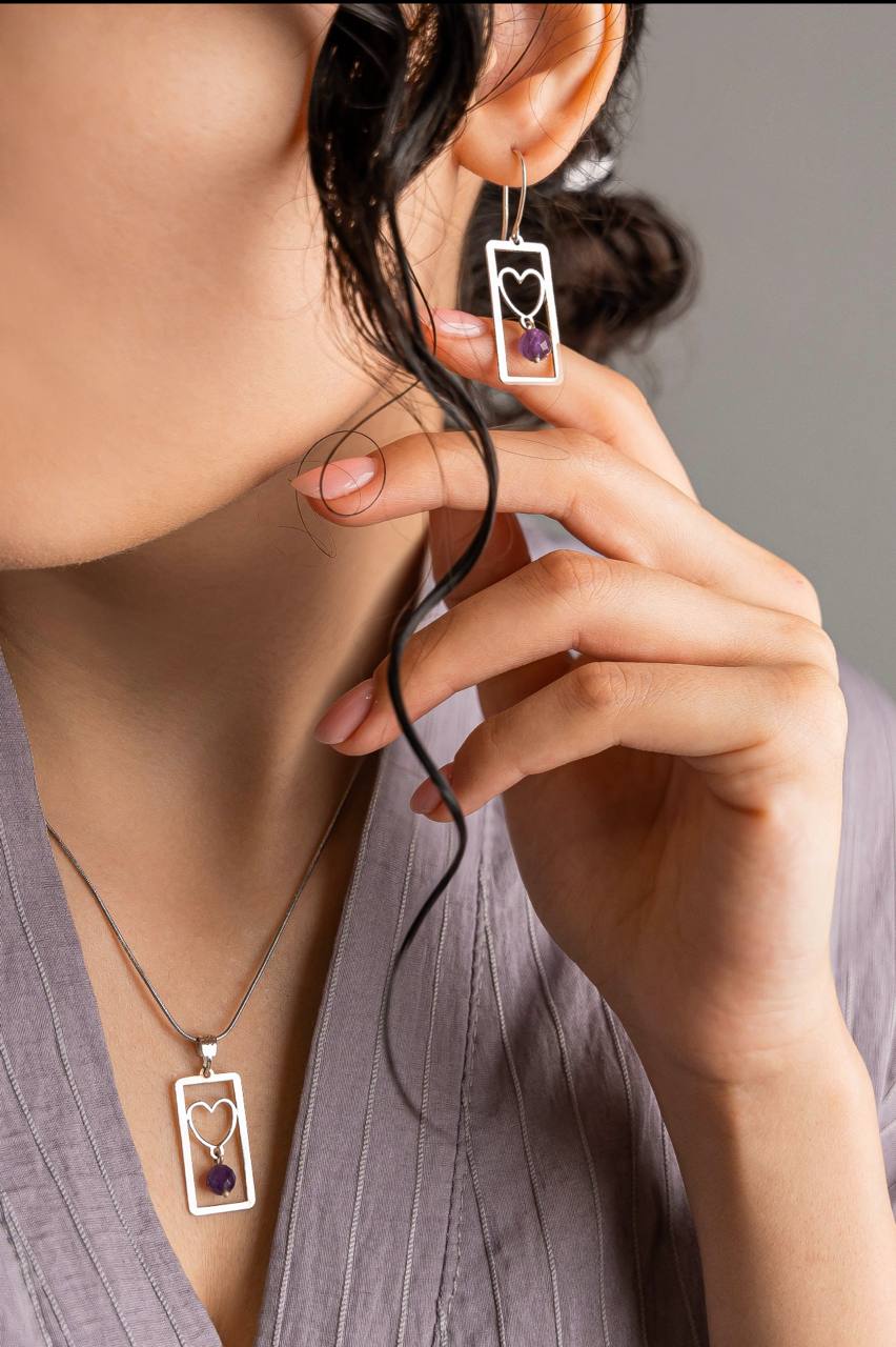 نیم ست نقره زنانه مدل 020 عیار ۹۲۵ با سنگ آمتیست تراش خورده